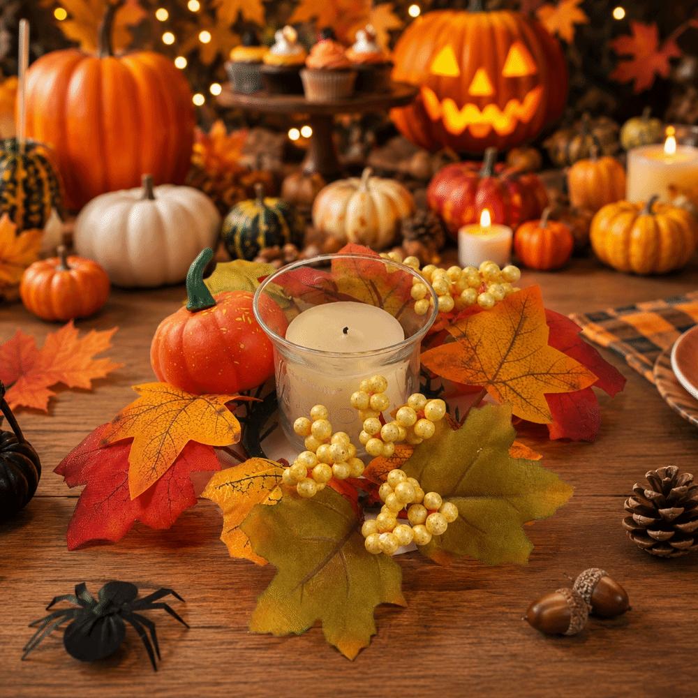 Artificial Candle Ring Wreath Handmade Maple Pumpkin Wreath Autumn Floral Garland Table Decor