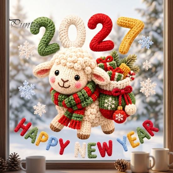 New Year Glass Decals Happy Window Cling, 2027 Crochet Sheep Snowflake Holiday Decor Sticker Glas Sticker, Reusable Christmas Decoration Static Decal