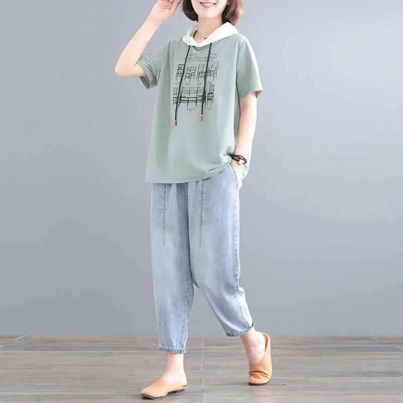 

2 предмета Летний костюм Женский футболка брюки Двойка Удобный С коротким рукавом Топ и Длинные брюки Свободный Повседневный Хлопковый костюм XXL зелёный