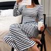 Womens Square Neck Striped Long Sleeve Pajama Set Loose Fit Comfortable Sleepwear Home Lounge