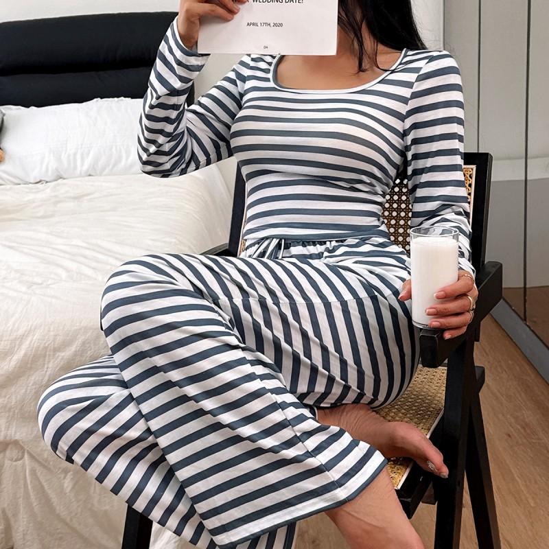 Womens Square Neck Striped Long Sleeve Pajama Set Loose Fit Comfortable Sleepwear Home Lounge