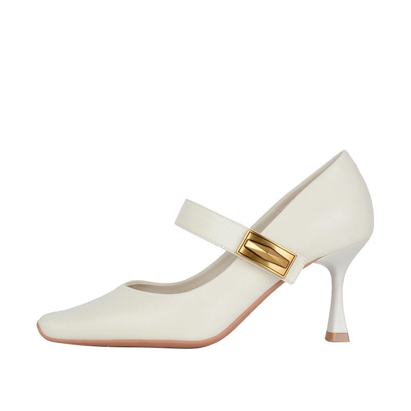 High heels women's spring and autumn square head sheepskin is not tired of feet one-word buckle single shoes Mary Jane shoes