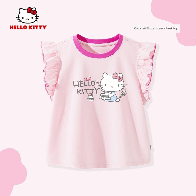 My Melody Girls' Flutter Sleeve T-Shirt Summer 2026 New Pink Children's Round Neck Top Cute Baby Girl Vest