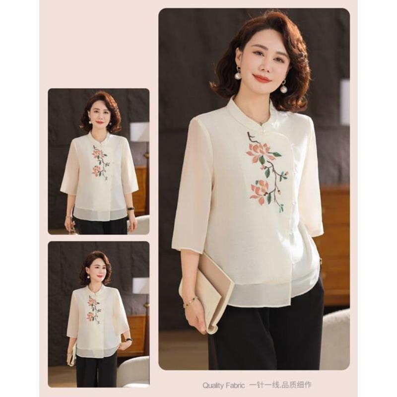 New Chinese-style Mom Spring Chiffon Blouse New Middle-aged and Elderly Women's Summer Suit Lady's Style Top