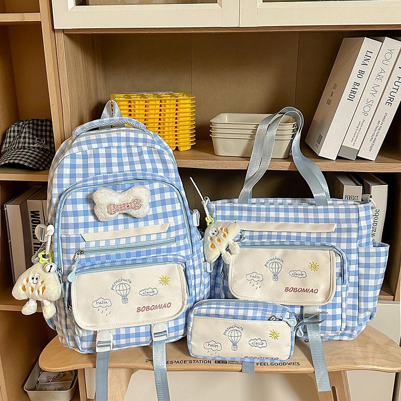 Schoolbag High Value Schoolbag Junior High School Girls High School Students Cute Small Fresh Plaid Backpack Large Capacity Three-piece Backpack