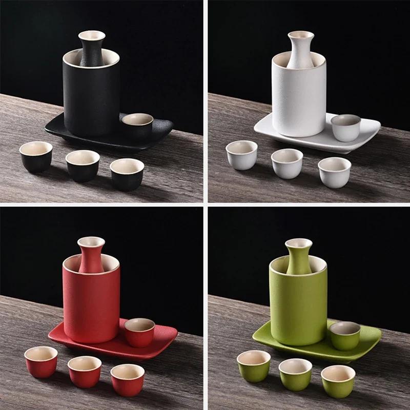 Vintage Ceramic Sake Pot Cups Set Traditional Durable Crafts Gift Groove Design Creative for Cupboard Cabinet Drawer Home