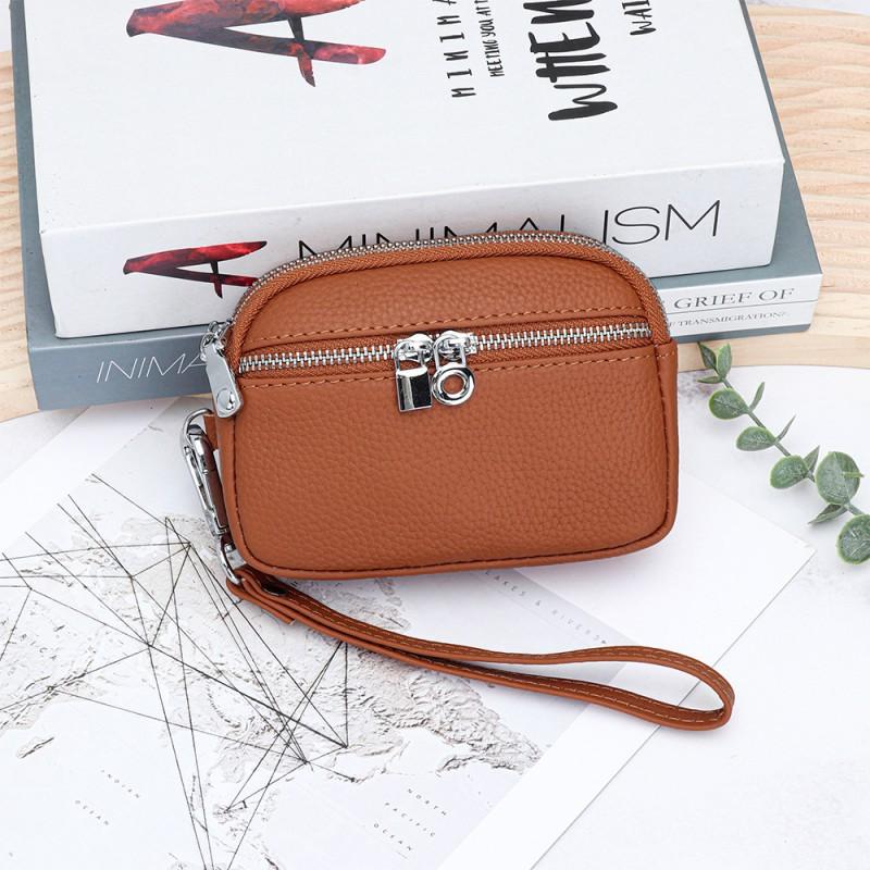 First-layer Cowhide Women's Mini Small Bag Change Purse Leather Large-capacity Double-zipper Multifunctional Clutch