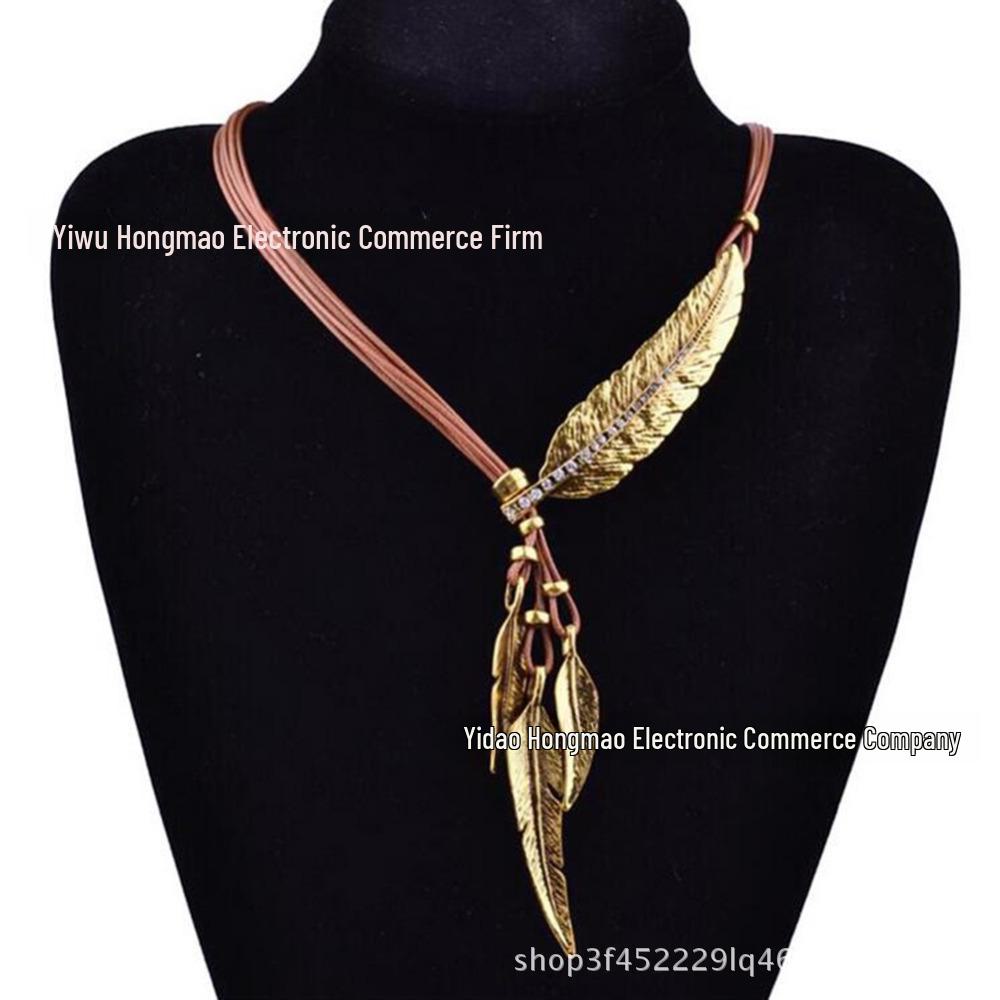 Feather Leaf Diamond Black Tassel Necklace for Women