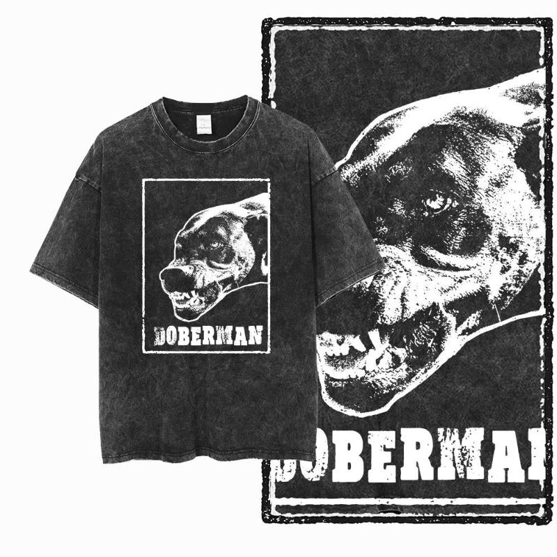 Doberman Graphic T Shirt Vintage Washed Streetwear Tee for Dog Lovers 100% cotton T shirt for men