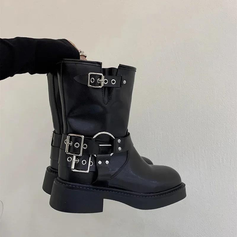 Winter Platform Cowboy Boots Women Shoes Slip On Mid Heel Bota Ladies Retro Mordern Bootties