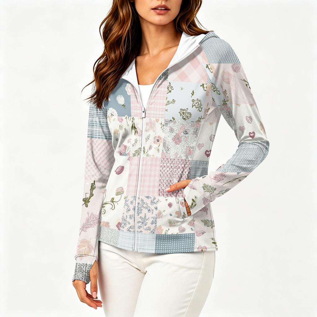 Women's Zip Up Hoodie Lightweight Long Sleeve Hooded Jacket with Pockets Floral Print Sun Protection Outerwear