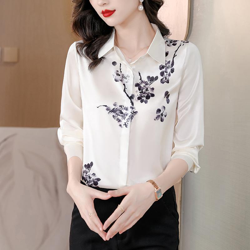 Genuine Mulberry Silk Print Shirt - Women's Slimming Long Sleeve Autumn Fashion 2025