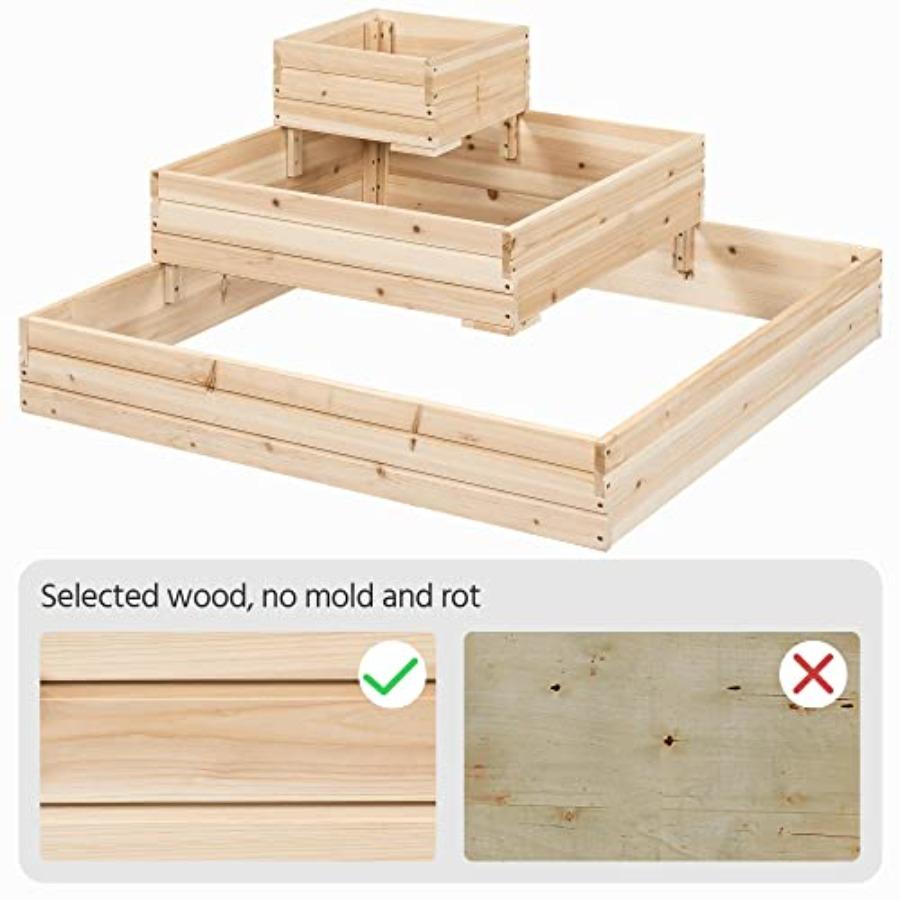 3 Tier Wooden Raised Garden Bed 44.5'' L×44.5'' W×20.5'' H for Flowers/Herbs/Vegetables with Open Bottom Planter Natural Wood C