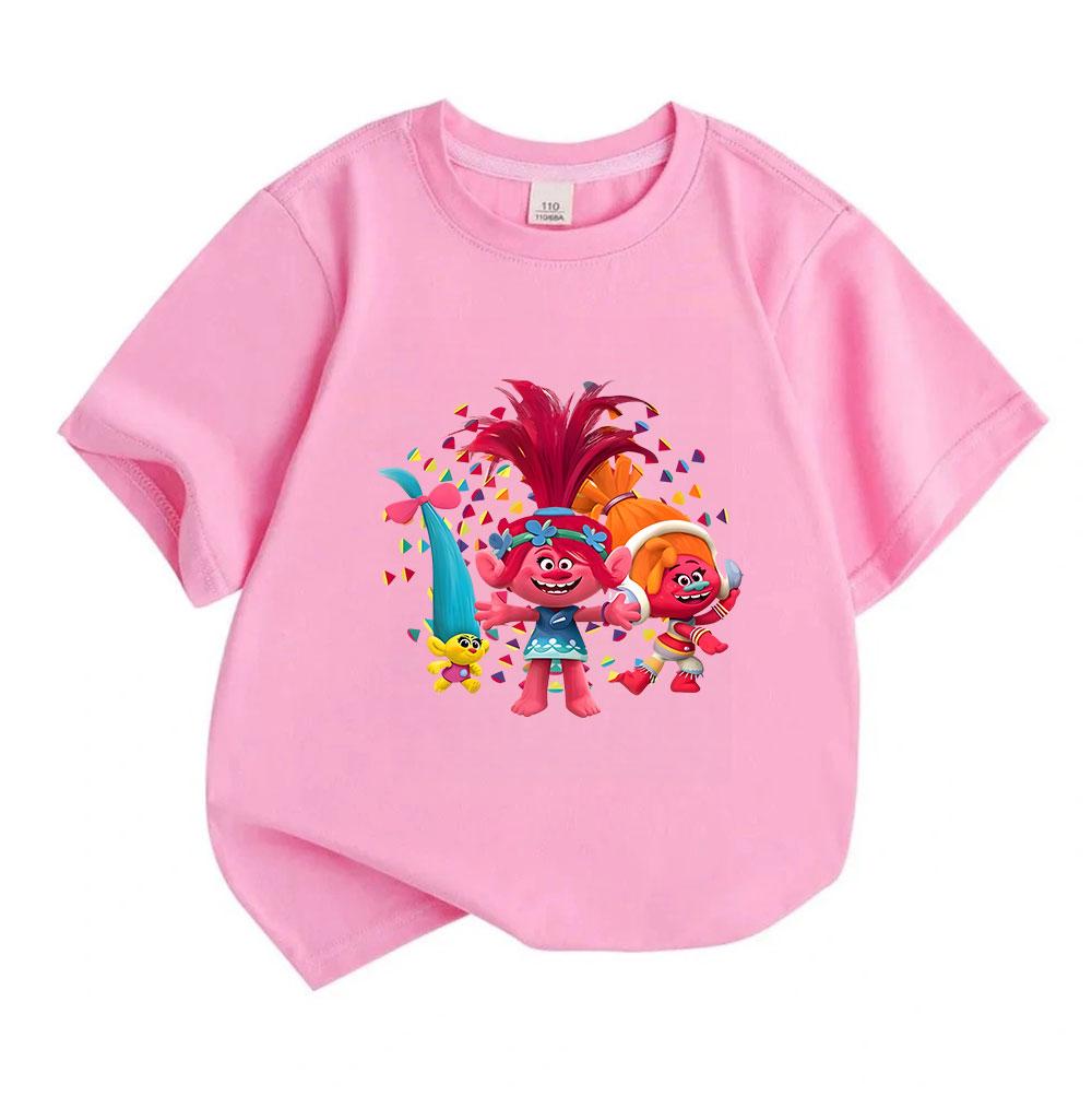 Kids Boys Girls 100% Cotton Crew Neck Short Sleeve T-Shirt, Cute Cartoon Troll Character Printed Casual Soft Lightweight Tee for Daily Wear Holiday Pa