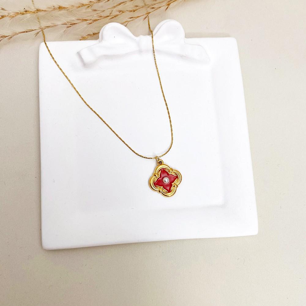 Korean Style Titanium Red Clover Necklace - Retro Court Style Clavicle Chain золотой