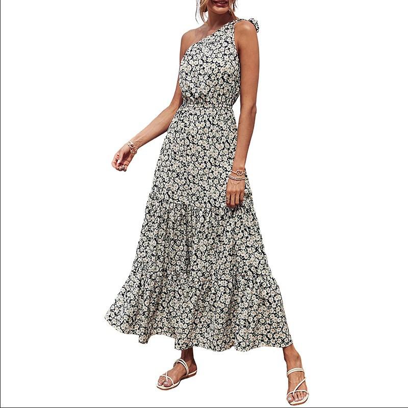 Bohemia Style Holiday Beach Women One Shoulder Floral Print Casual Big Swing Long Dress