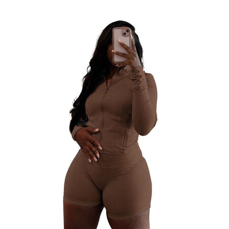 

Hr24068 Extended Spring New Arrival Fashion Athleisure Sexy Tight Long Sleeve Shorts Two-piece Set Coffee XXL