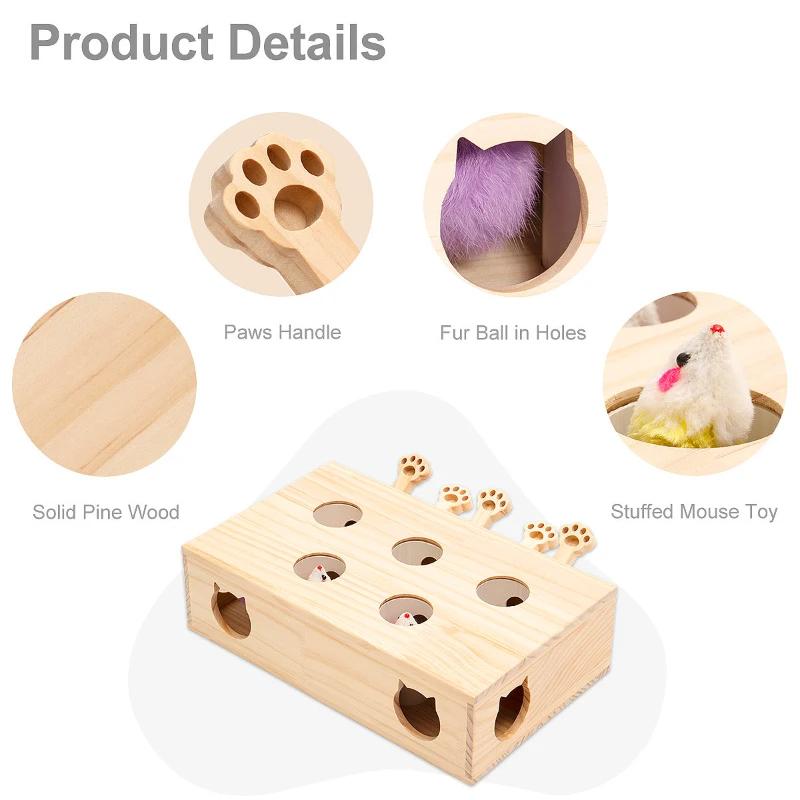 Cat Toy Interactive Mole Fighting Solid Wood Toy Indoor Cat Kitten Mouse Catching Game