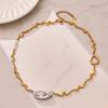 Stainless Steel Geometric Pendant Necklace With Zircon Stone Freshwater Pearl Texture Chain Women