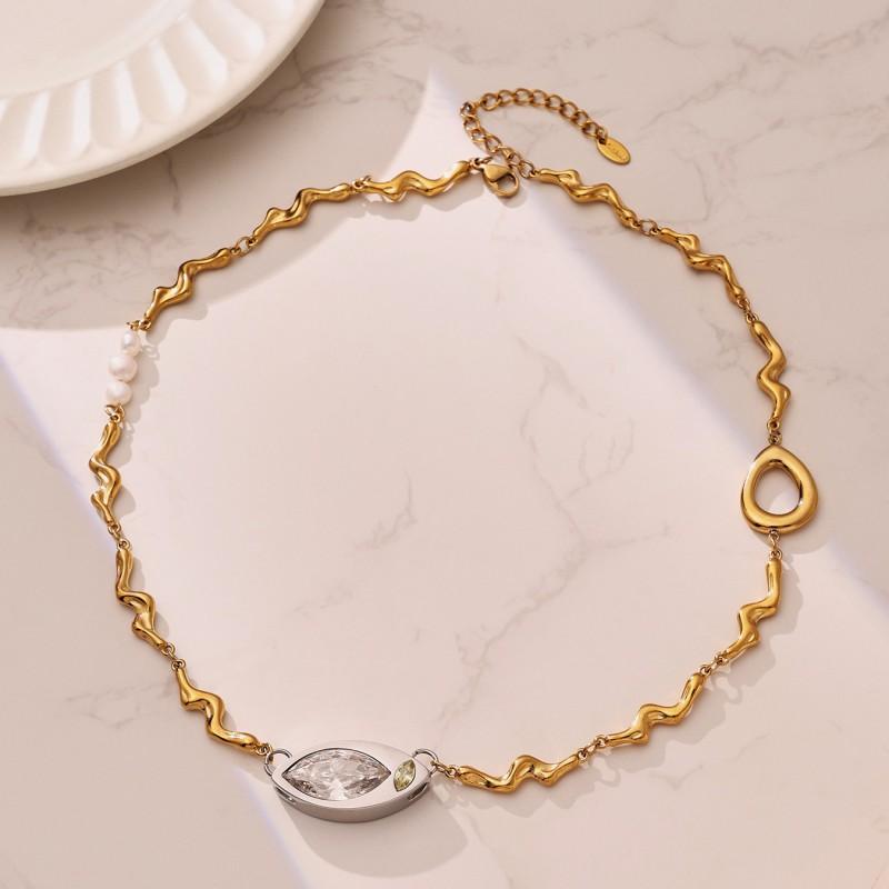 Stainless Steel Geometric Pendant Necklace With Zircon Stone Freshwater Pearl Texture Chain Women