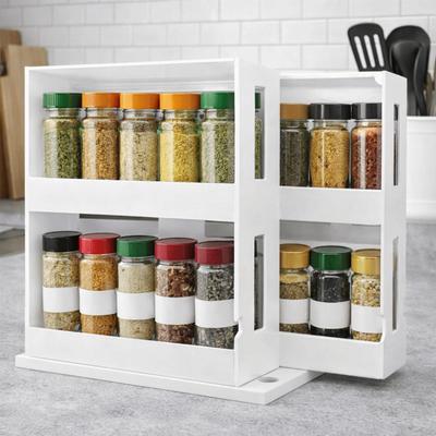 Plastic 2 Layer Spice Storage Rack 90-Degree Rotation Space Saving Rotating Storage Shelf White Large Capacity