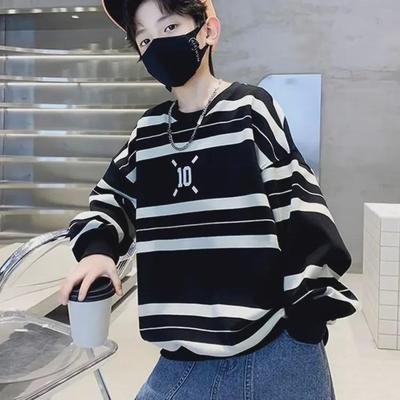 Jungen 2023 Herbst Gestreiftes Lockeres Rundhals Langarm T-Shirt - Cooler Koreanischer Stil