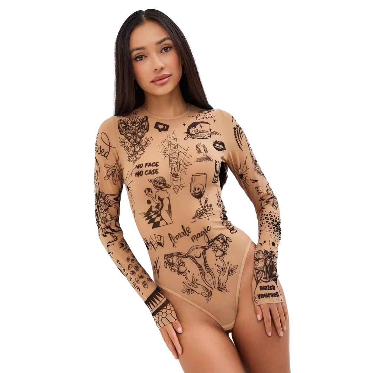 Stylish Women s Sexy Printed Long Sleeve Round Neck High Waist Jumpsuit Medium хаки-1