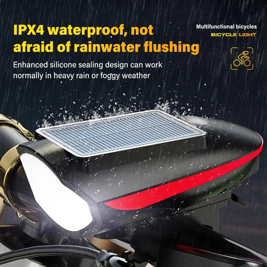 Self Defense Solar Bicycle Light USB Charging Bicycle Headlight Horn Light Mountain Bike Night Riding Light for Outdoor Camping
