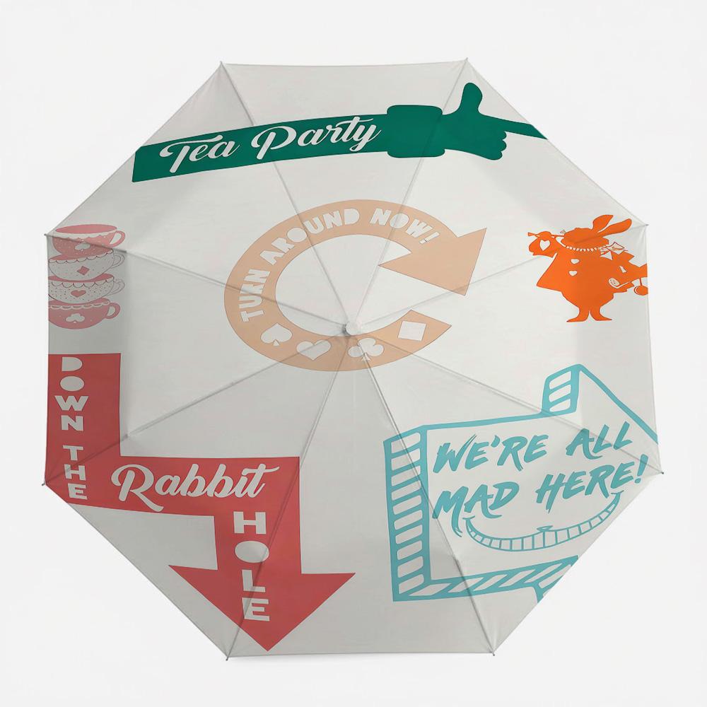 

Disney Alice in Wonderland Tea Party Automatic Folding Umbrella, We re All Mad Here Cheshire Cat and White Rabbit Print Windpr (as the picture,Iron&8K)