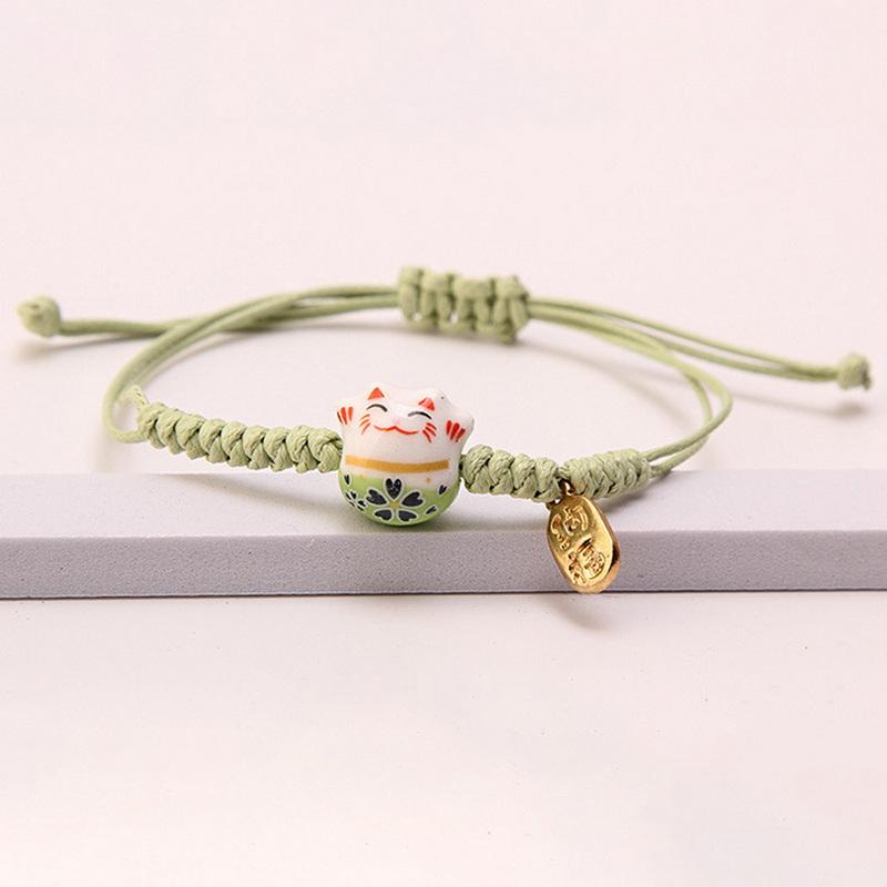 Hand Woven Wax Thread Ceramic Wealth Attracting Cat Bracelet, Cute Cat Adjustable Hand Rope Bracelet