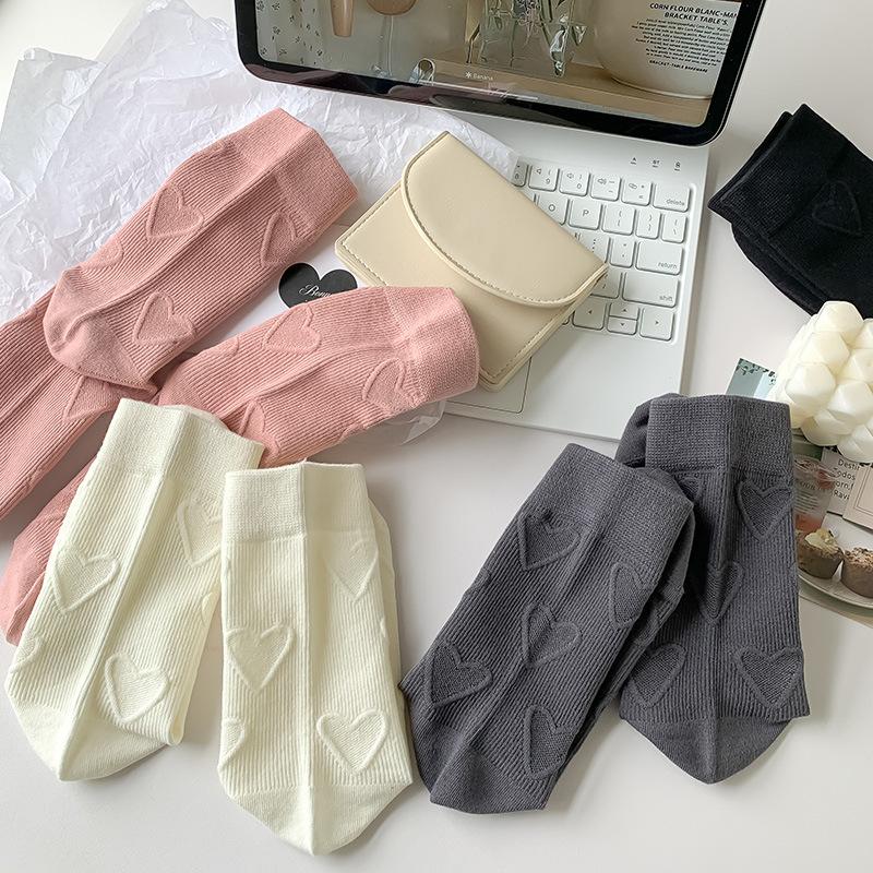Heart Embossment Middle-tube Socks Women JK Lolita Kawaii Cute Socks Casual Fashion Solid Color Cotton Breathable Long Socks Sox