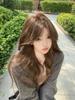 Wig female linen gray brown long curly hair Internet celebrities daily white temperament big waves eight characters bangs whole head cover