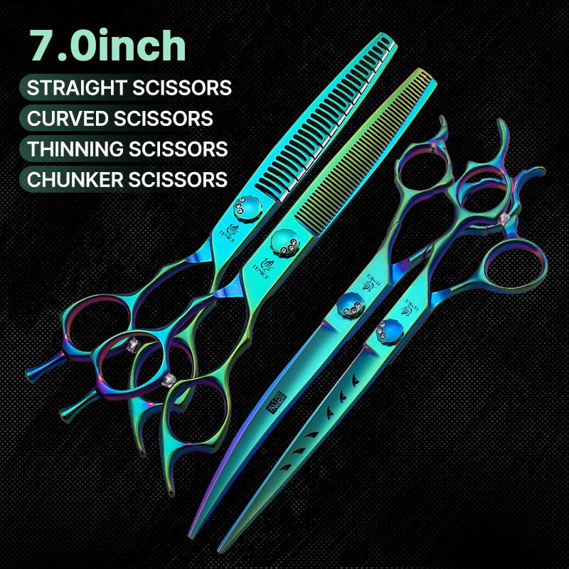 Fenice High-grade 7.0/7.5 inch JP440C Fluorescent Green Pet Grooming Scissors Shears Cutting&Curved&Thinner Set for Dog Groomer