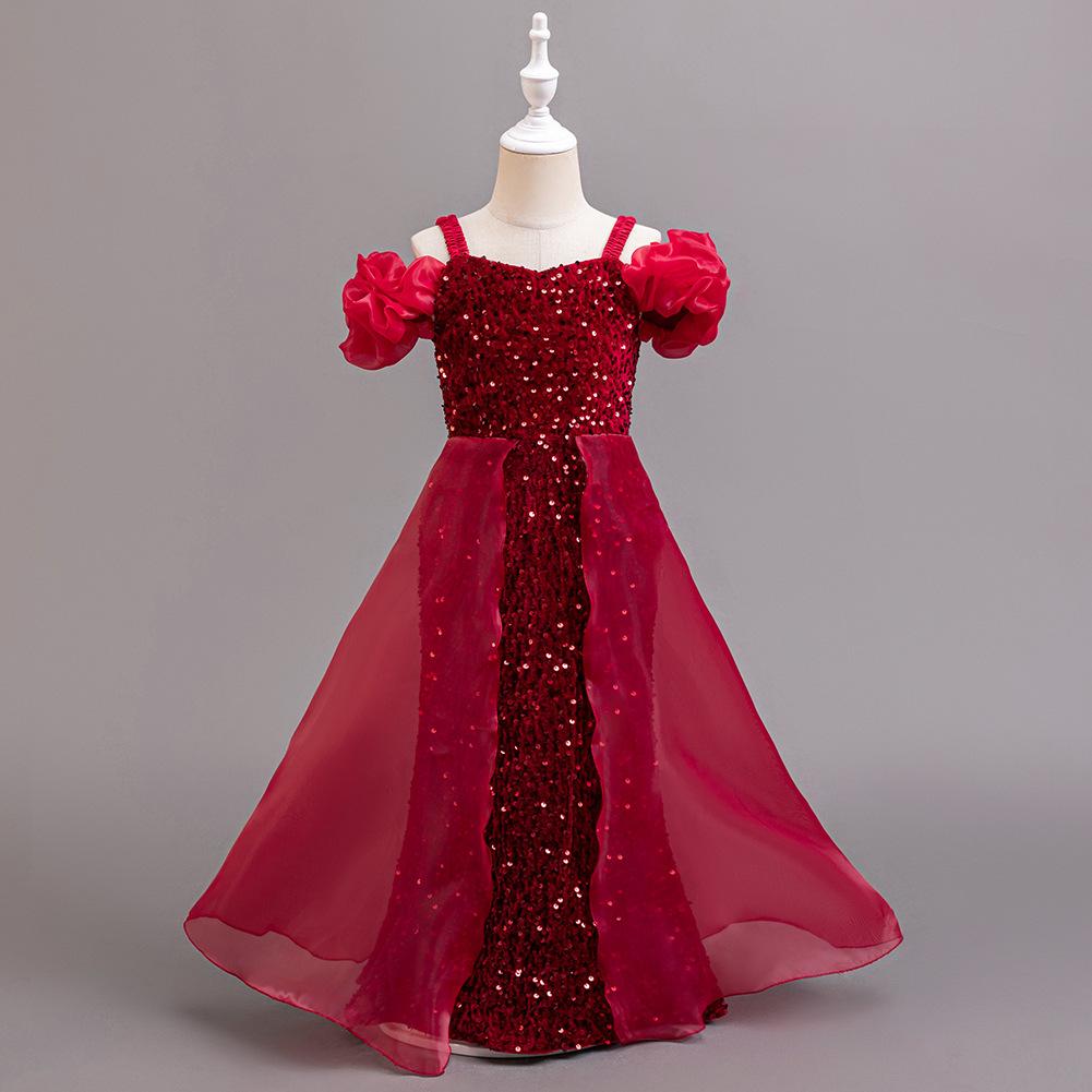 

Летнее платье для девочки, платье для девочки-цветочницы на свадьбу, платья с пайетками, детские платья принцессы, сетчатые платья, детская одежда, длинный абзац 160cm бордовый