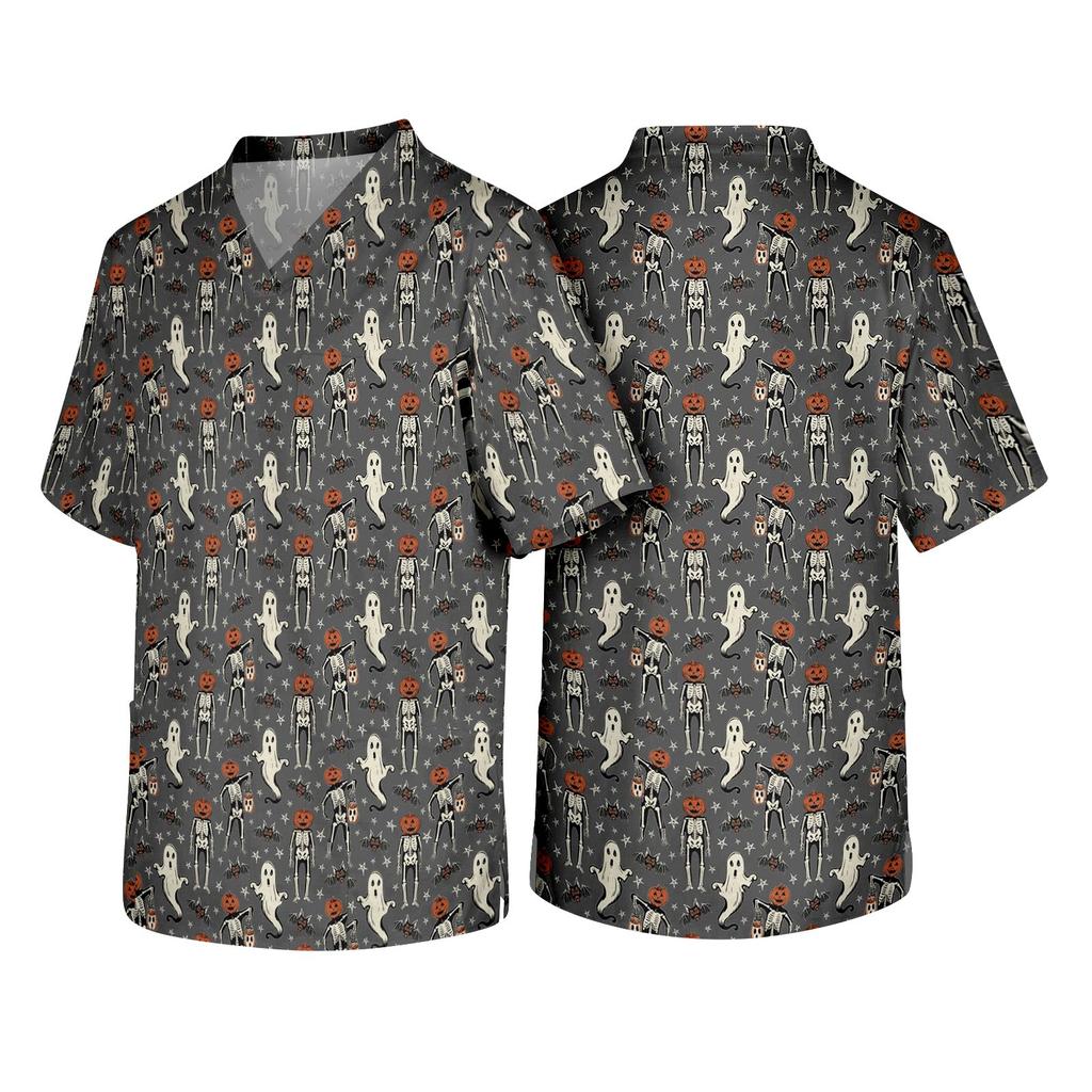 Men V Neck Short Sleeve Halloween Print Top with Chest Pocket for Healthcare Workers Comfortable Fit Scrub Shirt