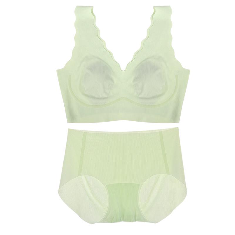Summer Thin Seamless Rabbit Ear Bra Set for Women - Small Cup, Ice Silk, Wave Edge Design