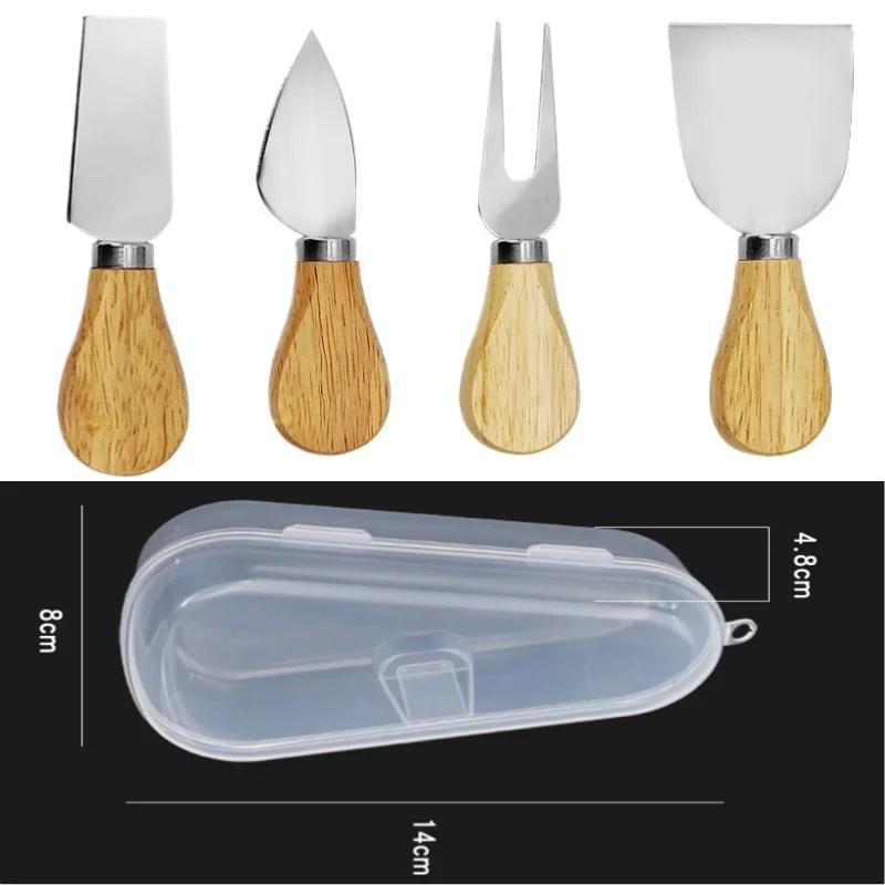 Hot Sales 4-piece Set of Wooden Handled Cheese Butter Spatula Butter Cheese Stainless Steel Knife Fork Cake Shovel Pizza Tool