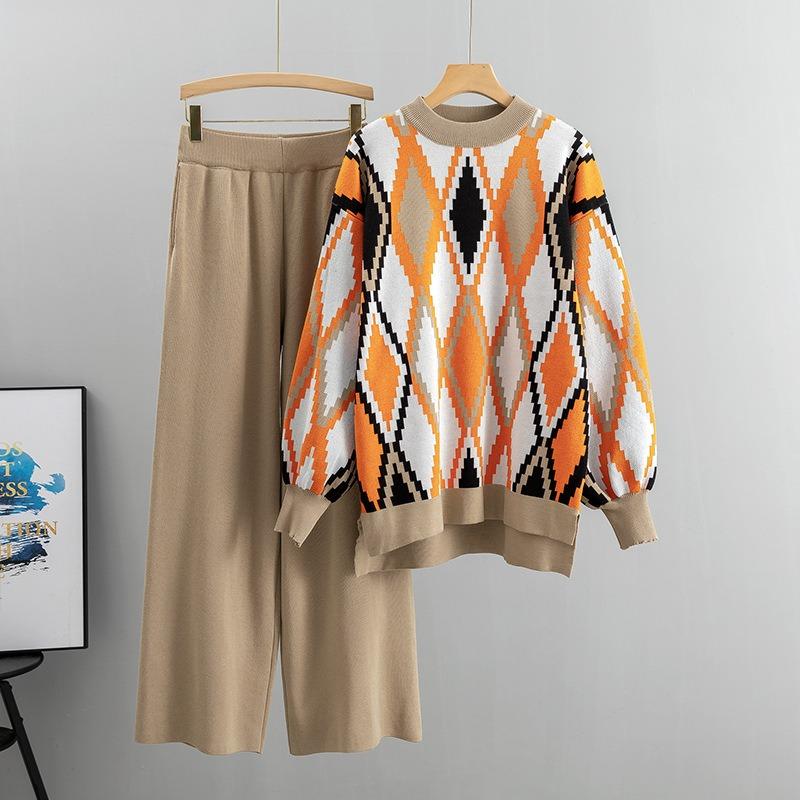 Knitted Wide-legged Trousers Sweater Suit Women's Autumn Plus Size Loose Fashion Temperament Pant Suit