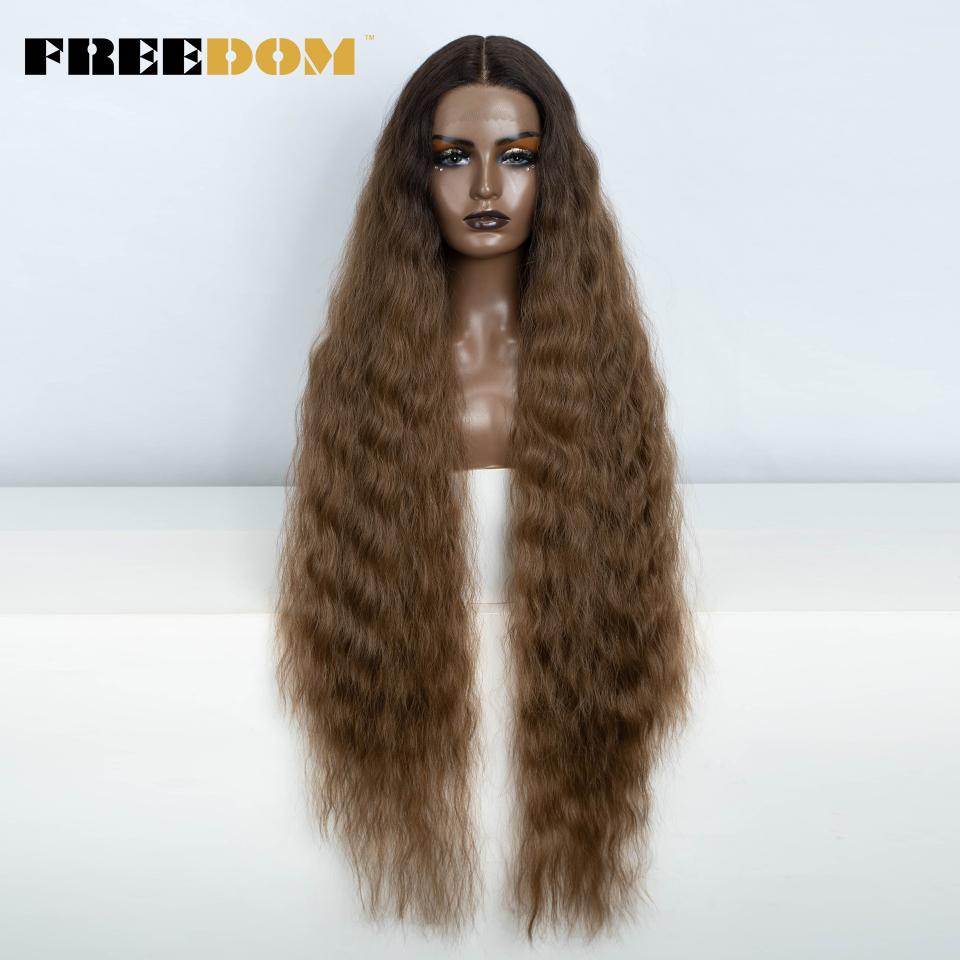 FREEDOM Synthetic Lace Frontal Wig For Women 42 Inch Long Curly Lace Wigs Ombre Brown Highlight Ginger White Pink Cosplay Wig