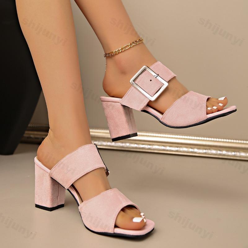 Fashion Solid Color Buckle Strap High-heeled Sandals for Women Summer 2025 Thick Heel Open Toes Breathable Comfortable Fashion Slippers