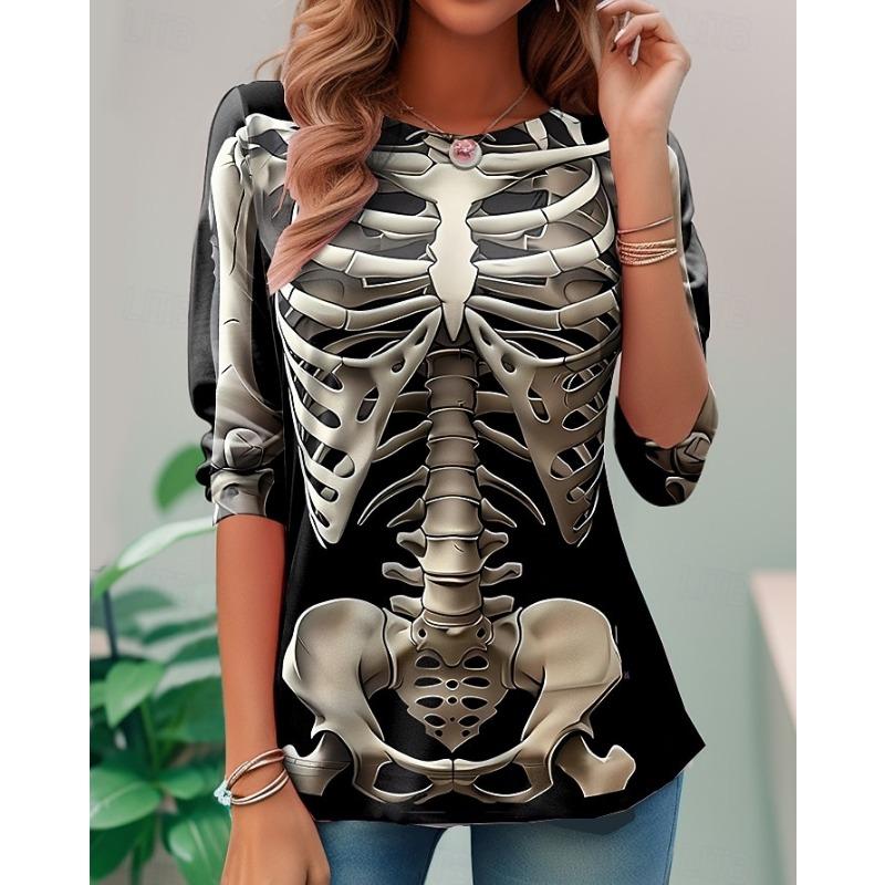 Damen T-Shirt,3D-Druck,O-Ausschnitt,Langarm,Lässig,Leichtes Oberteil,Halloween,Hip Hop,Große Größe,Mode