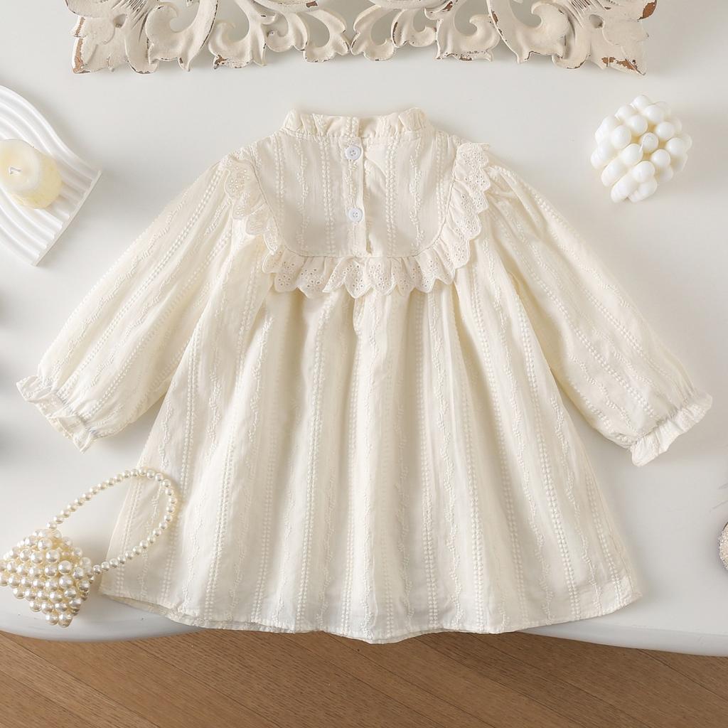 Spring Autumn Girls Mori Lace Embroidered Princess Dress Baby Long Sleeve Floral Hem Cotton Dress