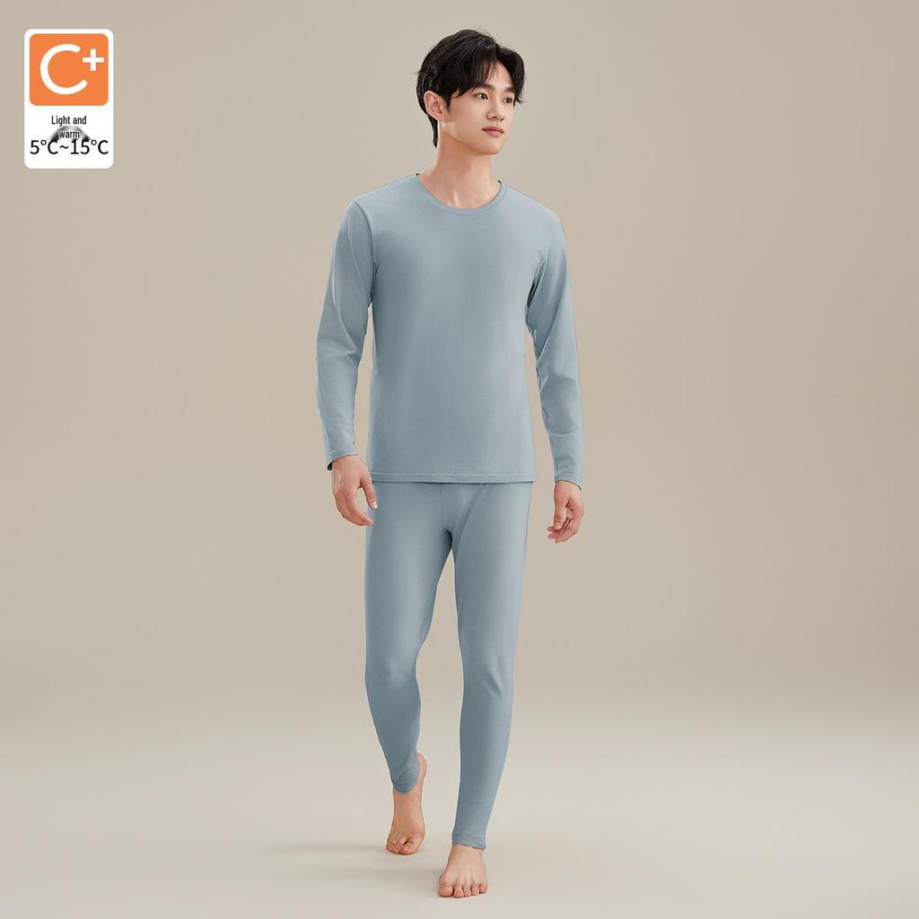 Men's Brushed Thermal Cotton Modal Crew Neck Underwear Set - Winter Thin Warm Set