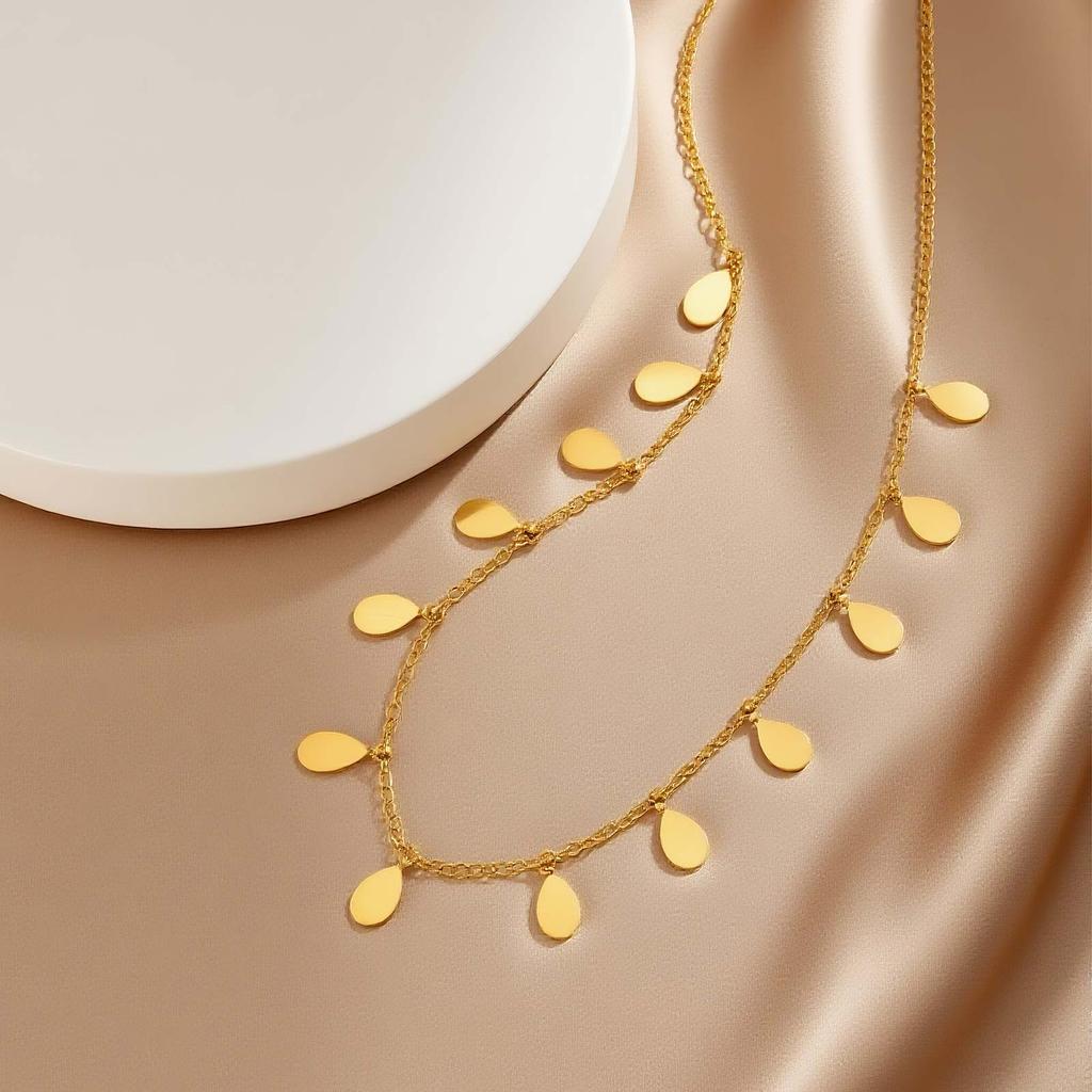Stainless Steel Water Drop Necklace for Women,Gold Color Flat Rolo Chain Necklaces,Daily Jewelry Accessories Gift