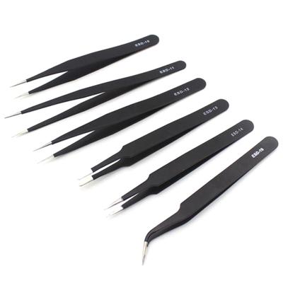 6Pcs ESD Stainless Steel Precision Anti-Static Tweezers Set Electronics