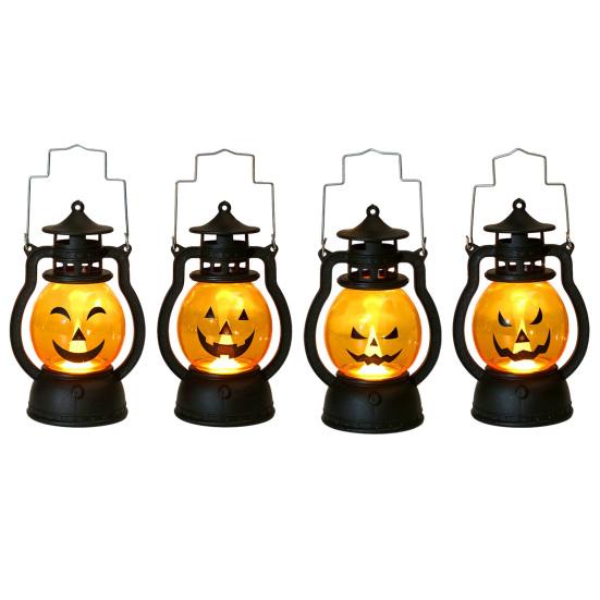 Halloween Pumpkin Lantern with LED Light, Portable Retro Horse Lantern with Funny Pumpkin Faces, Safe Flame-Free Halloween Decoration for Indoor