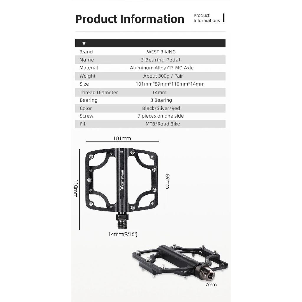 WEST BIKING Bicycle Ultralight Pedal 3 Bearing Pedals Aluminum Alloy CRMO Cycling Footboard for BMX MTB Bike Pedals Accessories