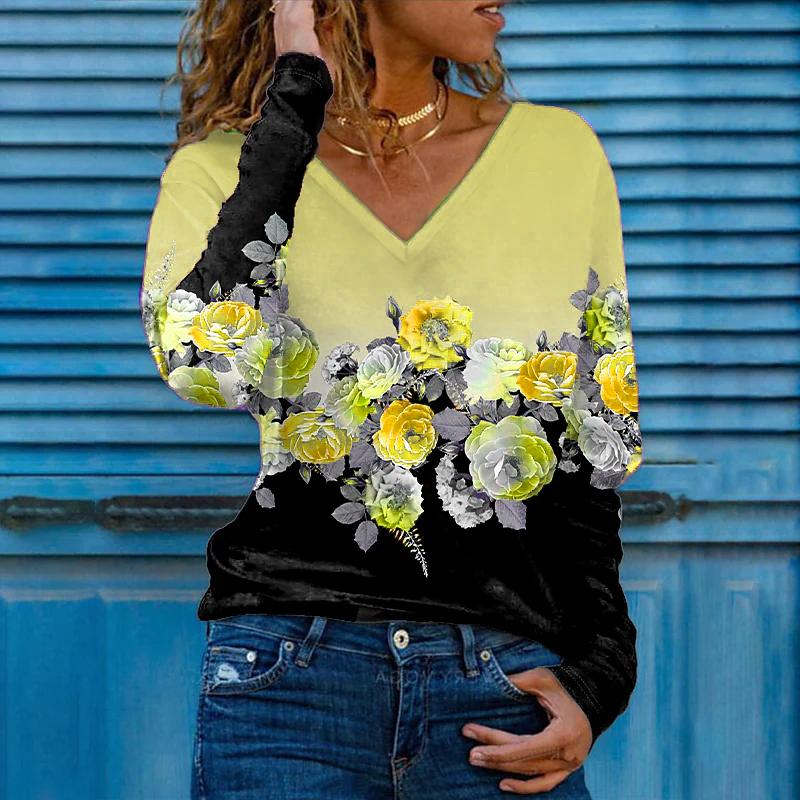 Градиентный розовый принт женские футболки женские топы с длинным рукавом V-образный — фото 3