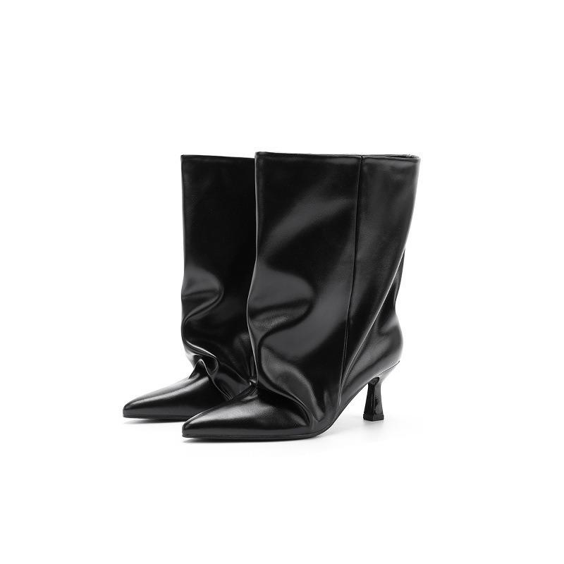 Spice Girl niche big tube circumference short tube pointed pile boots women's thin heel pleated wide tube knight boots