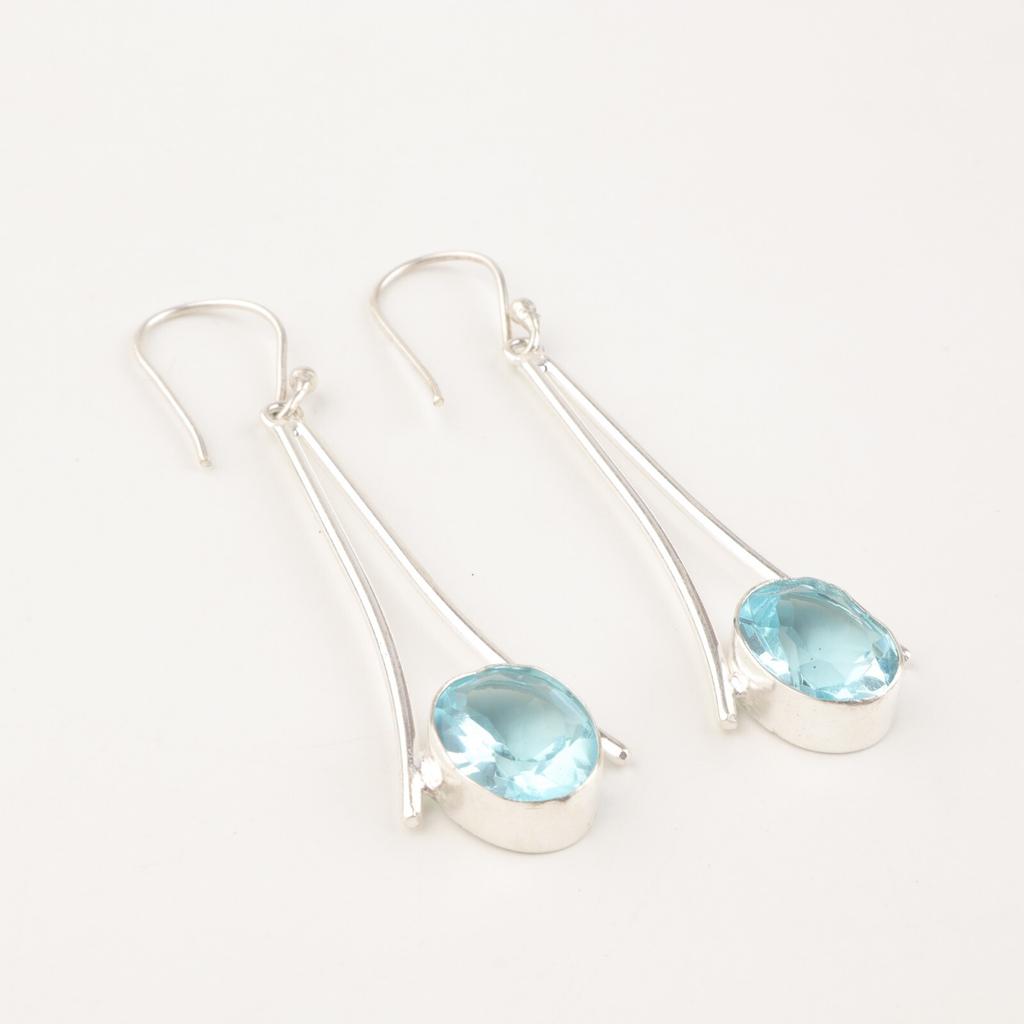 Natural Sky Blue Topaz Gemstone 925 Sterling Silver Handmade Long Earrings 2.63" EE-136-1